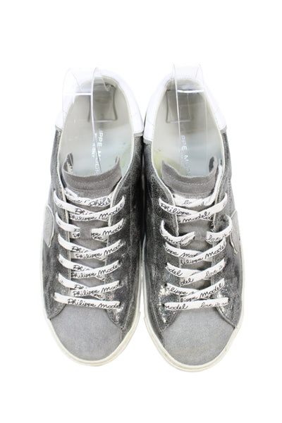 Philippe Model Womens Logo Shimmer Leather Platform Sneakers Silver Size 38