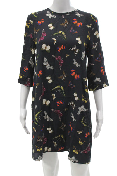 Equipment Femme Women Shift Dress Black Silk Butterfly Print 3/4 Sleeve Size S