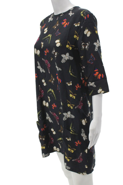 Equipment Femme Women Shift Dress Black Silk Butterfly Print 3/4 Sleeve Size S