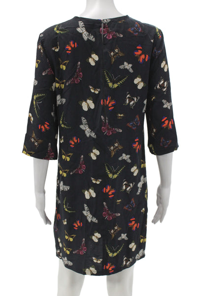 Equipment Femme Women Shift Dress Black Silk Butterfly Print 3/4 Sleeve Size S