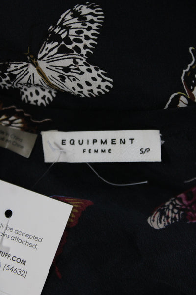 Equipment Femme Women Shift Dress Black Silk Butterfly Print 3/4 Sleeve Size S