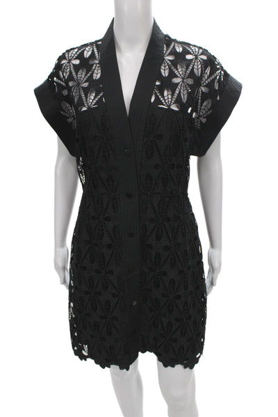 Sandro Women Shift Dress Black Lace V-Neck Short Sleeve Floral Size 40