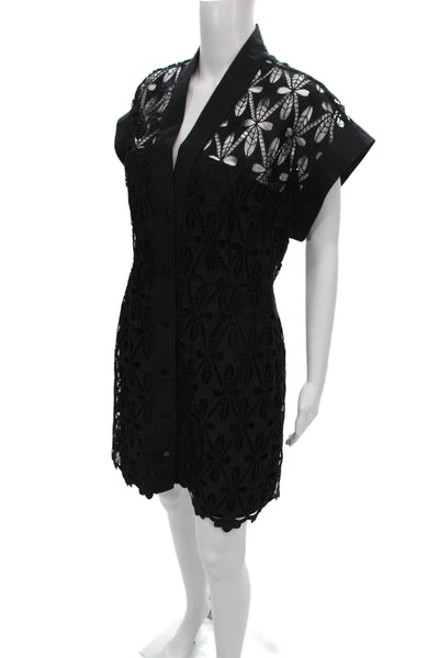 Sandro Women Shift Dress Black Lace V-Neck Short Sleeve Floral Size 40