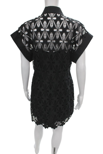 Sandro Women Shift Dress Black Lace V-Neck Short Sleeve Floral Size 40