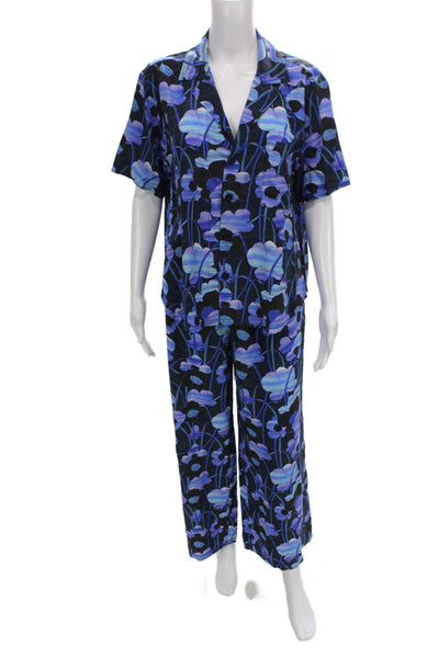 The Westside Womens Black Silk Floral Kimono Pajama Set Short Sleeve Size M