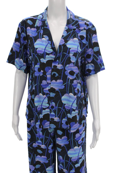 The Westside Womens Black Silk Floral Kimono Pajama Set Short Sleeve Size M