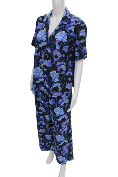 The Westside Womens Black Silk Floral Kimono Pajama Set Short Sleeve Size M