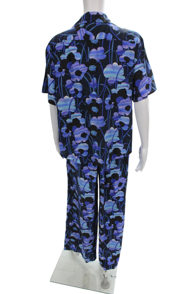 The Westside Womens Black Silk Floral Kimono Pajama Set Short Sleeve Size M
