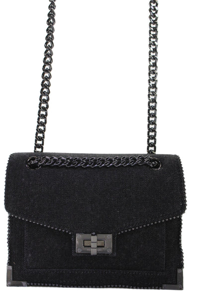 The Kooples Womens Denim Emily Chain Link Crossbody Shoulder Handbag Black