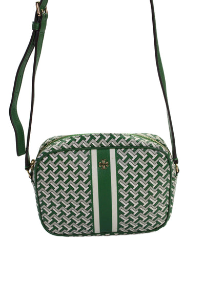 Tory Burch Womens Adjustable Strap T Chevron Leather Shoulder Handbag Green