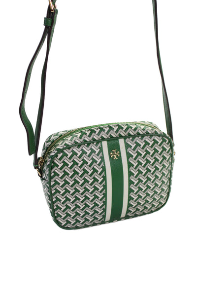 Tory Burch Womens Adjustable Strap T Chevron Leather Shoulder Handbag Green