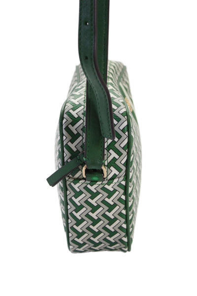 Tory Burch Womens Adjustable Strap T Chevron Leather Shoulder Handbag Green