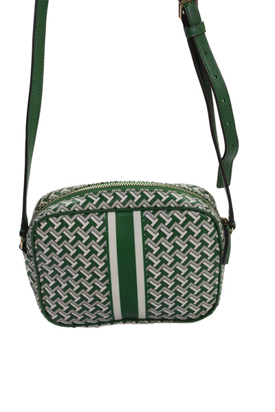 Tory Burch Womens Adjustable Strap T Chevron Leather Shoulder Handbag Green