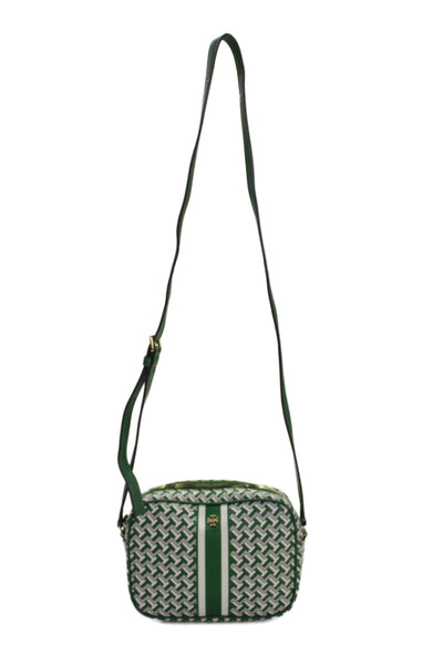 Tory Burch Womens Adjustable Strap T Chevron Leather Shoulder Handbag Green