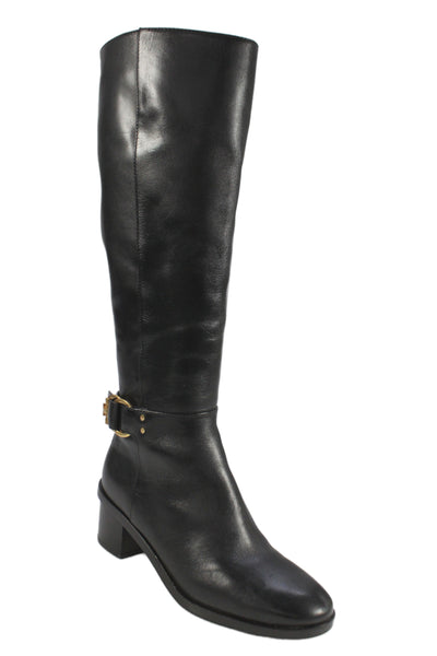 Tory Burch Womens Leather Logo Detail Zip Knee High Boots Shoes Black Size 6.5M
