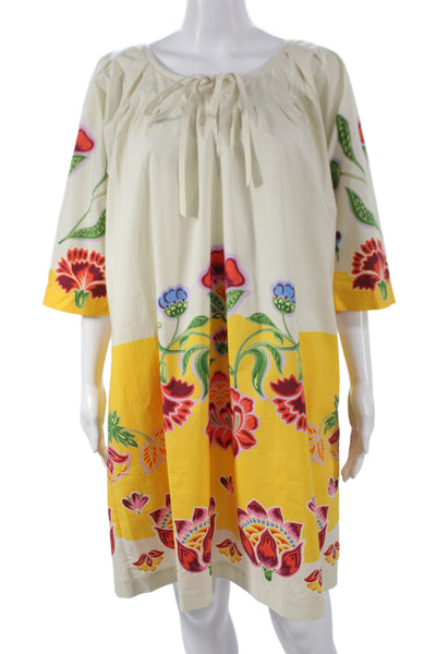 La Double J Women Mini Dress Ivory Cotton Half Sleeve Round Neck Tie Size M