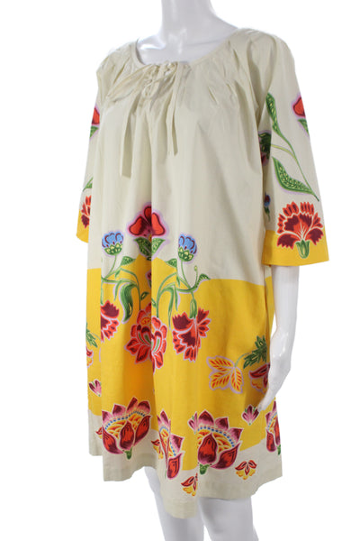 La Double J Women Mini Dress Ivory Cotton Half Sleeve Round Neck Tie Size M