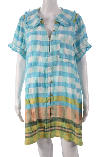 Pilcro Anthropologie Women Blue Check Shirt Dress Button Short Sleeve Size L