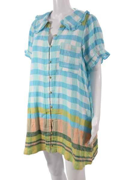 Pilcro Anthropologie Women Blue Check Shirt Dress Button Short Sleeve Size L