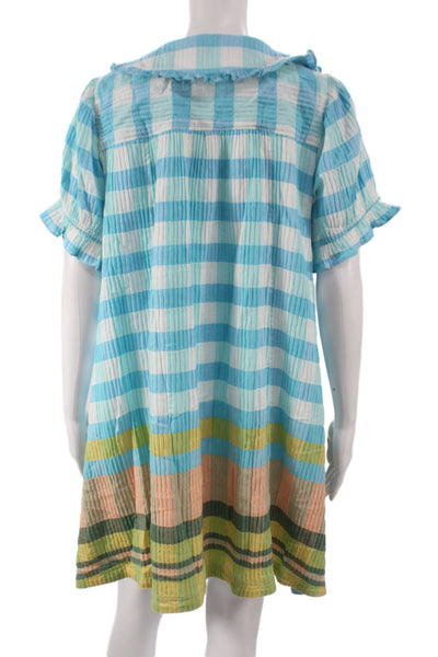 Pilcro Anthropologie Women Blue Check Shirt Dress Button Short Sleeve Size L