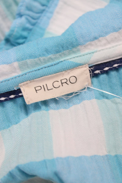 Pilcro Anthropologie Women Blue Check Shirt Dress Button Short Sleeve Size L