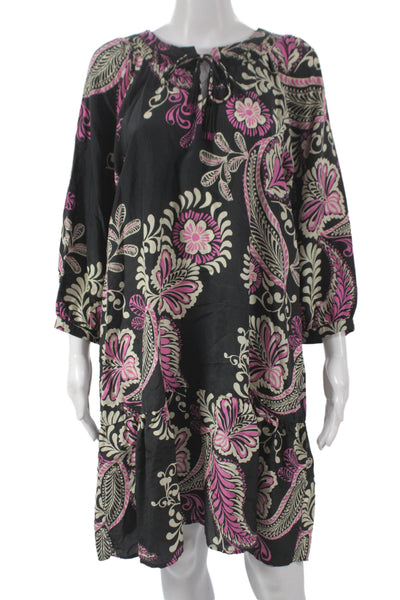 Johnny Was Workshop Womens Silk Black Shift Dress 3/4 Sleeve Tie Size L