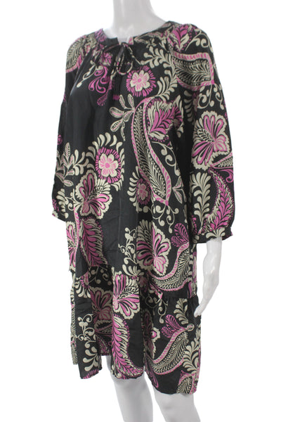 Johnny Was Workshop Womens Silk Black Shift Dress 3/4 Sleeve Tie Size L