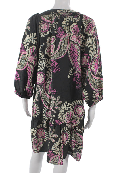 Johnny Was Workshop Womens Silk Black Shift Dress 3/4 Sleeve Tie Size L