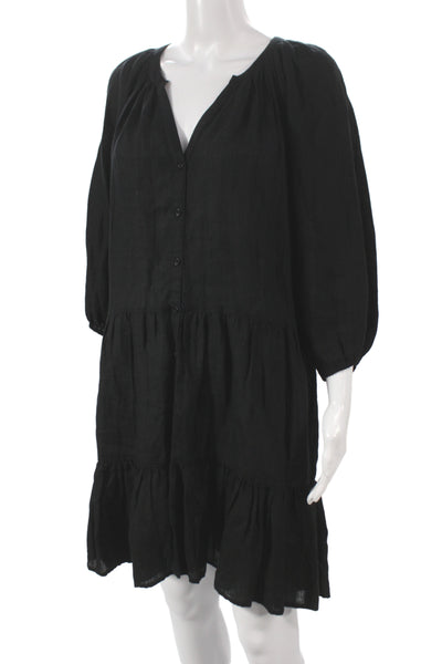 Apiece Apart Women Shirt Dress Black Linen V-Neck 3/4 Sleeve Button Size L