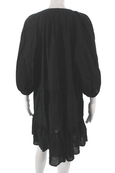 Apiece Apart Women Shirt Dress Black Linen V-Neck 3/4 Sleeve Button Size L