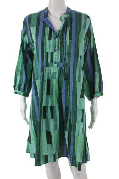 Natalie Martin Women Green Striped Shirt Dress Cotton Henley 3/4 Sleeve Size M