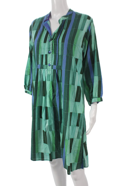 Natalie Martin Women Green Striped Shirt Dress Cotton Henley 3/4 Sleeve Size M