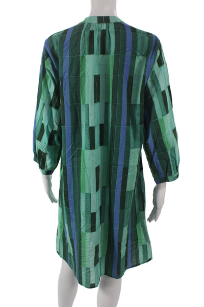 Natalie Martin Women Green Striped Shirt Dress Cotton Henley 3/4 Sleeve Size M
