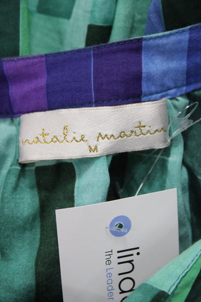 Natalie Martin Women Green Striped Shirt Dress Cotton Henley 3/4 Sleeve Size M