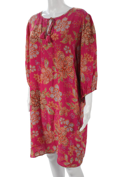 Johnny Was Women Shift Dress Pink Silk Floral 3/4 Sleeve Size L