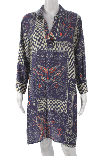 Johnny Was Women Shirt Dress Purple Check Collared Long Sleeve Lyocell Size L