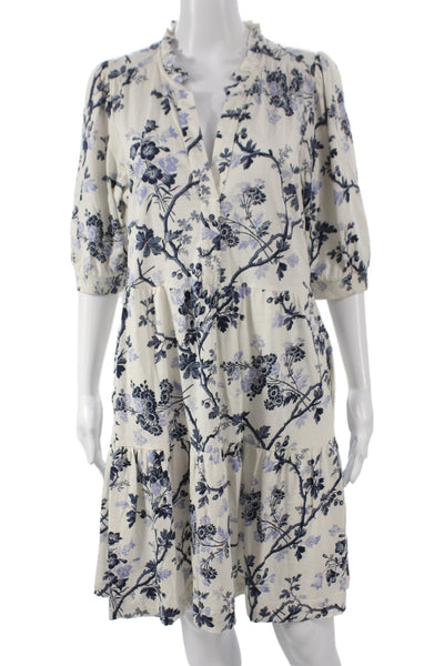 Me + Em Womens Shift Dress White Floral V-Neck 3/4 Sleeve 100% Cotton Size 10