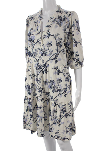 Me + Em Womens Shift Dress White Floral V-Neck 3/4 Sleeve 100% Cotton Size 10