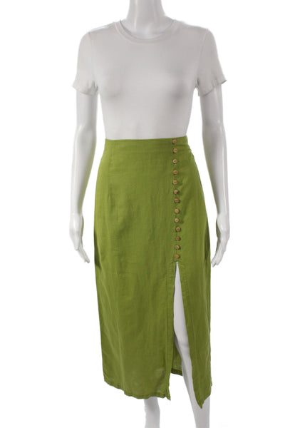 Zara Women Straight Pencil Midi Skirt Green Linen Button Size XS