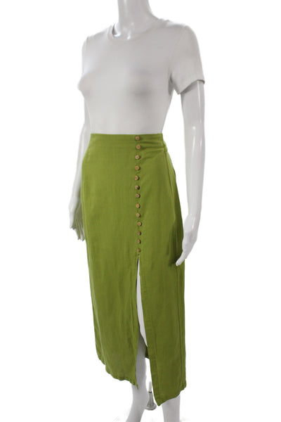 Zara Women Straight Pencil Midi Skirt Green Linen Button Size XS