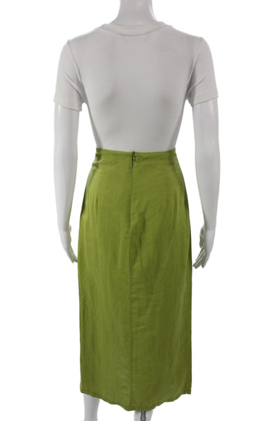 Zara Women Straight Pencil Midi Skirt Green Linen Button Size XS