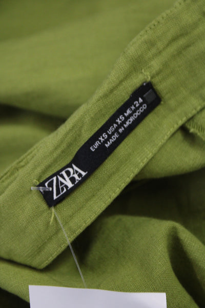 Zara Women Straight Pencil Midi Skirt Green Linen Button Size XS