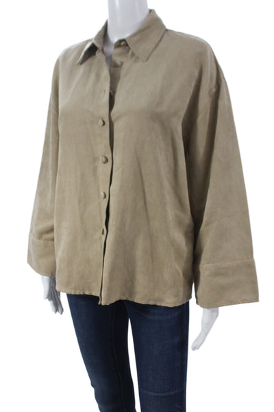 Zara Women Collared Button Up Long Sleeve Top Beige Polyester Size XS