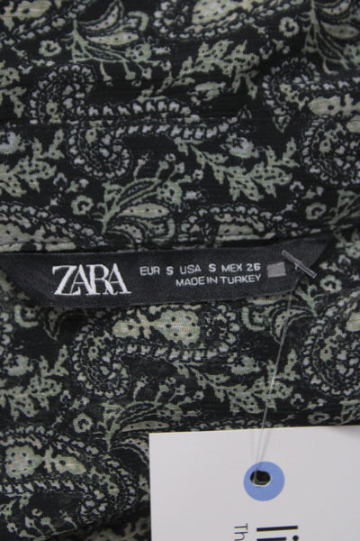 Zara Womens Tunic Black Paisley Collared Button-Up Long Sleeve Polyester Size S