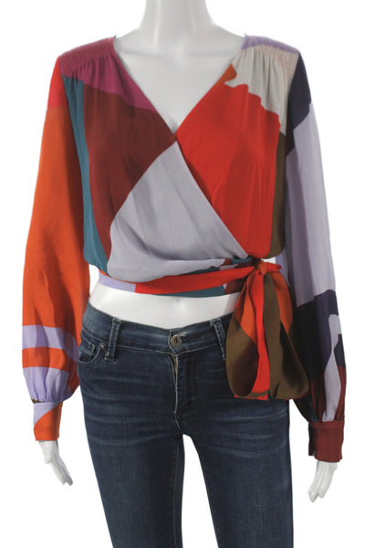 Tanya Taylor Womens Cropped Colorblock Silk V-Neck Long Sleeve Blouse Size 2