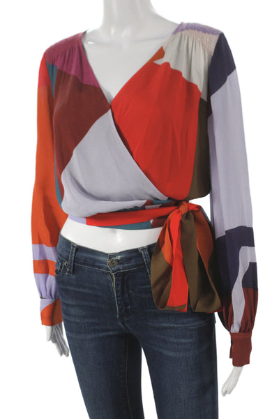 Tanya Taylor Womens Cropped Colorblock Silk V-Neck Long Sleeve Blouse Size 2