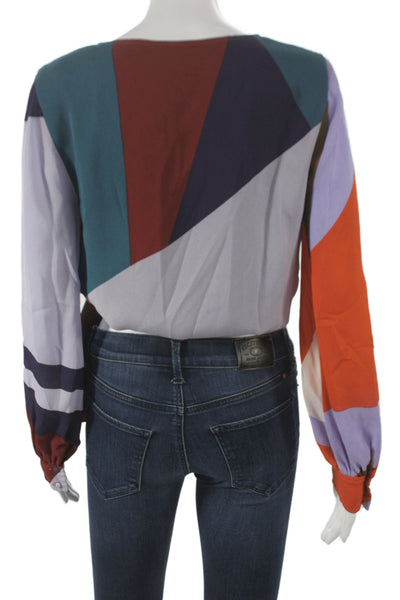 Tanya Taylor Womens Cropped Colorblock Silk V-Neck Long Sleeve Blouse Size 2