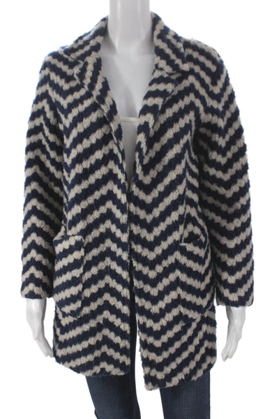 Vilagallo Women Virgin Wool Overcoat Chevron Blue Size 38