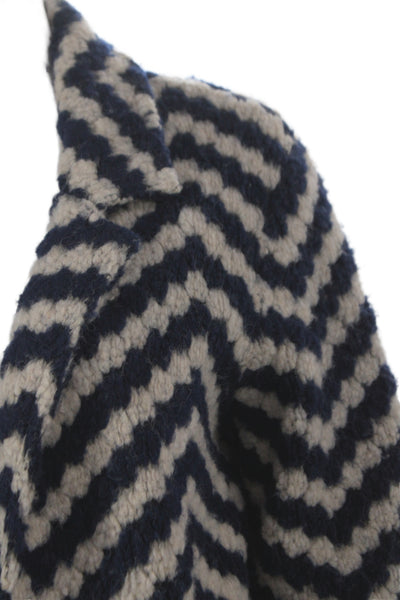 Vilagallo Women Virgin Wool Overcoat Chevron Blue Size 38