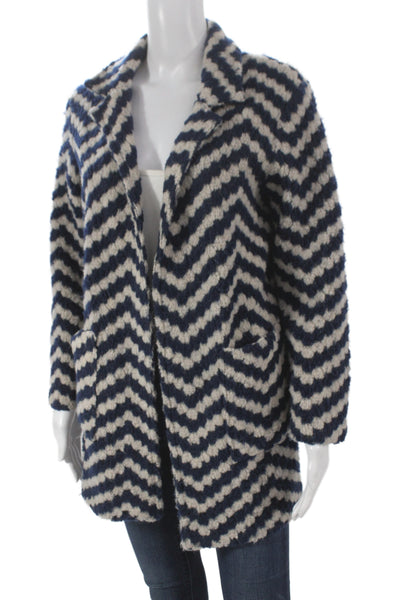 Vilagallo Women Virgin Wool Overcoat Chevron Blue Size 38